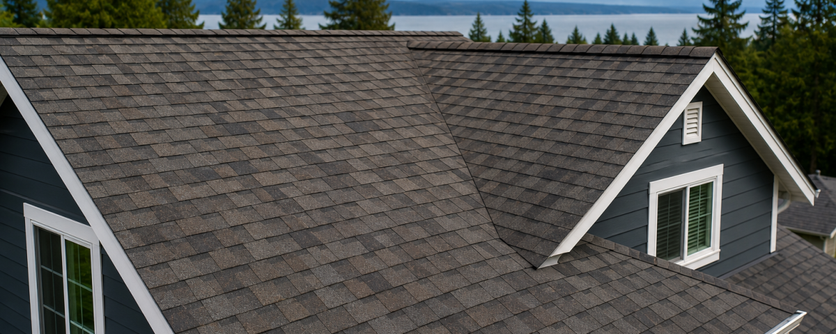 Architectural asphalt shingle roof on a home in Western Washington illustrating the most common residential roofing material.
