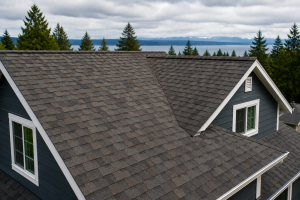 Architectural asphalt shingle roof on a home in Western Washington illustrating the most common residential roofing material.