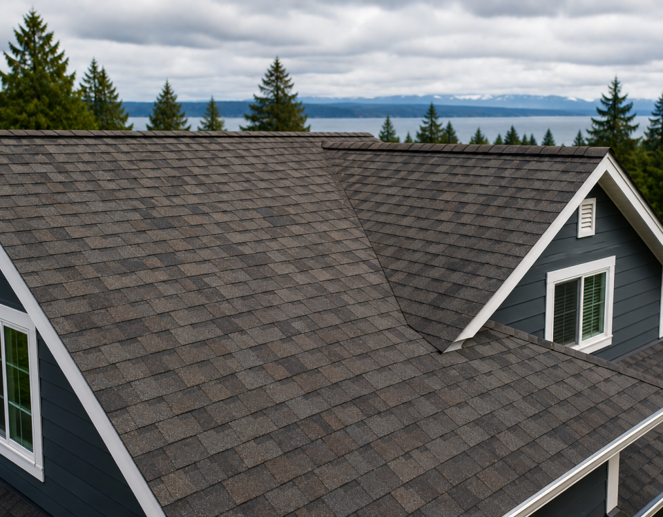 Architectural asphalt shingle roof on a home in Western Washington illustrating the most common residential roofing material.